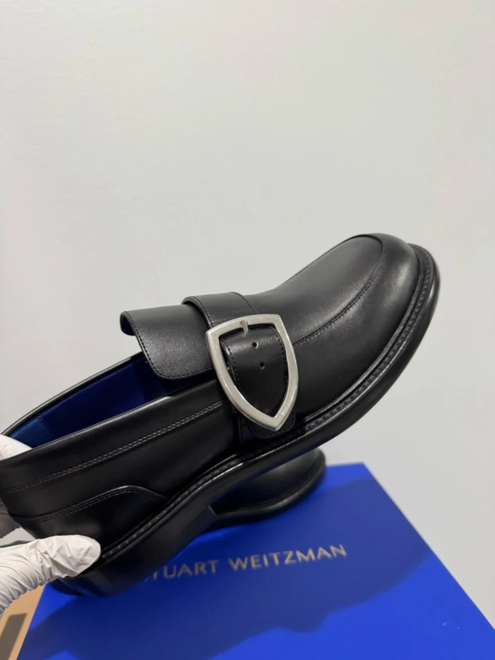 Burberry Black Leather Buckle Monk Strap Loafers with Blue Insole